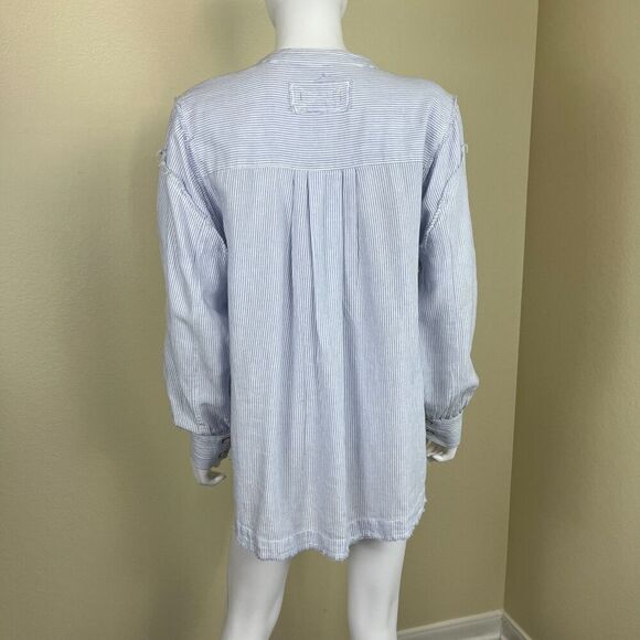Free People Womens Size S Blue Pinstripe Sky Combo Edge Washed Tunic Blouse Boho - Picture 6 of 14
